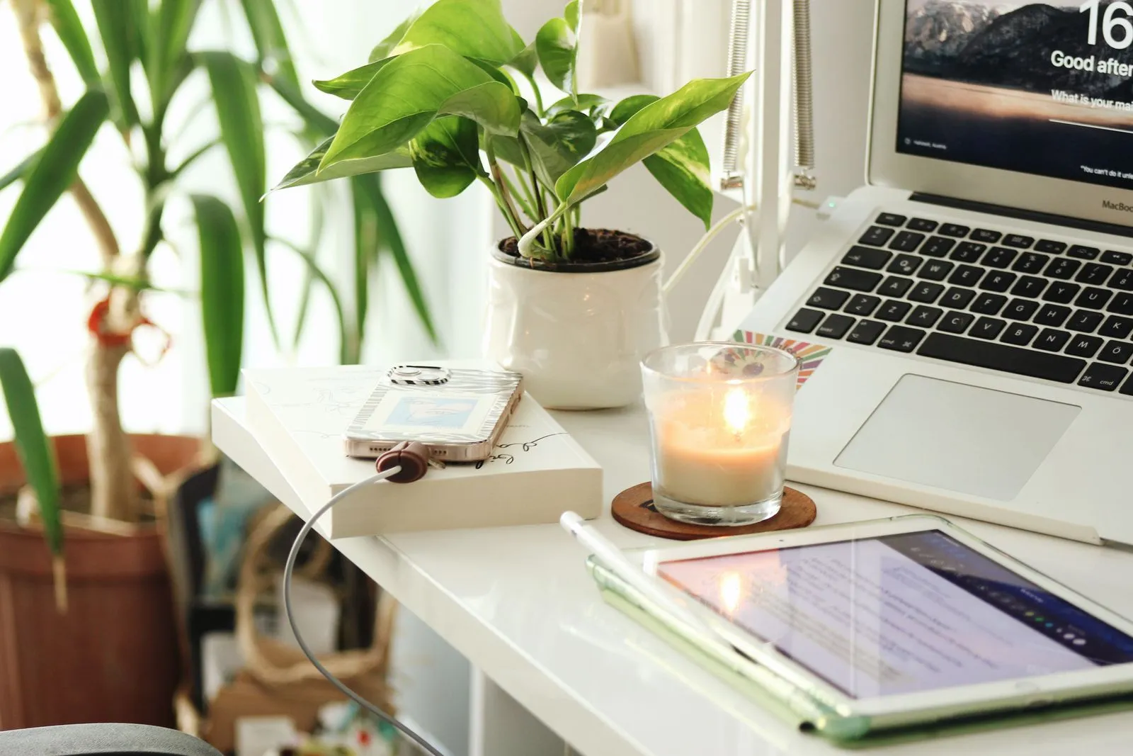 Coin bureau lumineux près d'une fenêtre, chaise ergonomique, rangements discrets et plantes vertes.